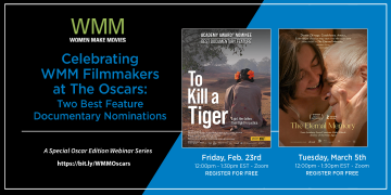 Banner of WMM's Webinar Series "Celebrating WMM Filmmakers at the Oscars," featuring the posters of two films who were Oscar nominated in 2024