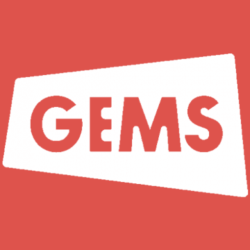 GEMS in bold red lettering against a white and red background