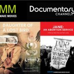 A banner featuring posters of four of the WMM films streaming on the Documentary Channel - Fly So Far, Daughter of A Lost Bird, Jane: An Abortion Service, A Woman on the Outside