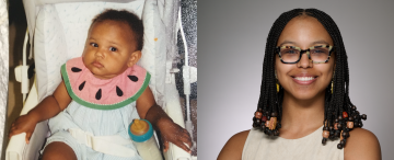 Left: a baby photo of Program Assistant Maegan Hollins Right: a current headshot of Program Assistant Maegan Hollins